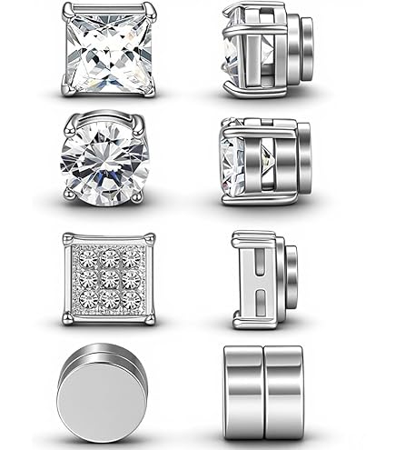 4 Paia Orecchini Magnetici Quadrati Per Uomo - Zircone E Acciaio Inox, Colori Oro, Argento E Nero, Senza Foro
