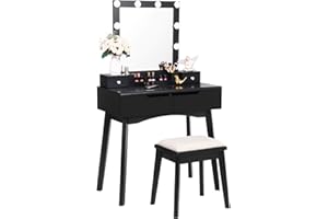 ANWBROAD Toletta Tavolo da toeletta 10 Lampadine Toeletta con Luci LED 3 Colorazioni Specchio Illuminato con 4 cassetti 2 DIY Divisori Fai da Te Sgabello Imbottito Nero Mobile BDT06B