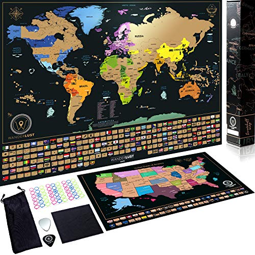 Scratch Off World Map + Premium Scratch Off USA Map - Deluxe Tube Can Be Gift Messaged and Includes Precision Scratch Tool and Travel Memory Stickers