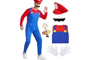 JMOCD Costume Super Plumber Bros, Déguisement Mario Enfants Adultes Luigi Costume Cosplay avec Bonnet Pantalon Barbe Gants Porte Clef pour Carnaval Halloween Enfants