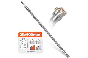 Foret SDS Plus BAUBECK 25 mm x 600 mm - Foret à béton/pierre, acier 40CR, 4 arêtes, foret SDS Plus robuste, performance et longue portée
