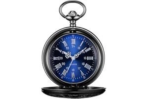 BOSHIYA Vintage Men's Pocket Watch with Chain Unique Blue/Green Roman Numerals Dial Analogue Quartz Pocket Watch for Men Black/Silver