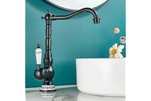 Maynosi Grifos de Lavabo de Baño Retro, Grifo de Lavabo de Cocina Vintage, Mezclador Tradicional con Caño Giratorio de 360°, Grifo de Agua Caliente y Fría con Palanca de Cerámica, Latón (Negro)
