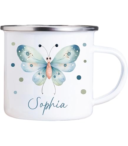 Personalisiertbare Emaille Tasse - Boho Regenbogen Design Mit Namen - 300 Ml (Weiß/Schwarz)