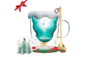 Yuragim Albero di Natale Tazze di caffè Tazza di Natale con coperchio+cucchiaio+sottobicchiere, tazze dolci bicchieri da tè a doppia parete isolante tazza da caffè migliori regali di Natale per donne