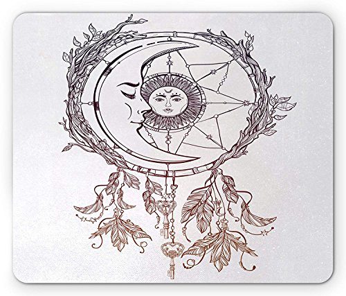 Sun and Moon Mouse Pad, Romantic Drawing of a Dream Catcher with Feathers and Leaves, Standard Size Rectangle Non-Slip Rubber Mousepad, Dark Purple Amber and White 9.8 X 11.8 INCH