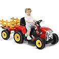 Maxmass Kids Electric Tractor and Trailer, Ride on Tractor with USB & Bluetooth, Toddler 4 Wheels Ride on Toy Car for 3+ Years (Red + Yellow without Remote Control)