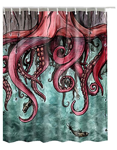 Pink Octopus and Fish Custom Design Waterproof Polyester Shower Curtain 180cm X 180cm