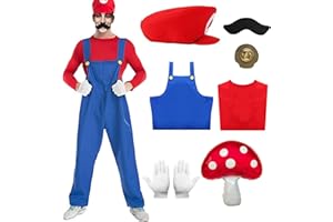Ansamy Disfraz de Bros Cosplay para Adultos Niños, Bros Classic Disfraces, Traje Fontanero Mono, Camiseta, Guantes, Sombrero, Bigote y Broches
