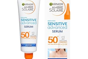 Garnier Ambre Solaire SPF 50+ Sun Protection Serum Face & Body, Non-Sticky, Non-Greasy Fluid Texture, No White Cast, Sensitive Advanced, 125 ml