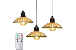 ‎ECOGEHEN 3x Außen Hängelampe Hängeleuchte mit Batterie Fernbedienung Batteriebetriebene Lampe Tragbare Boho Rattan Lampenschirm Pendelleuchte ohne Strom Stromanschluss - IP44 Wasserdicht Outdoor Beleuchtung