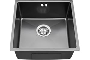 Auralum Evier Cuisine Noir 44 x 44 cm, Lavabo Cuisine 1 Bac + Kit de Vidage, Évier Inox au meuble 45 cm, Montage à Encastrer, à Fleur ou Sous Plan