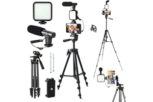 SURPN Vlogging-Kit, YouTube-Starter-Kit, für iPhone/Android-Telefone/Kameras, Telefonhalter für Videoaufnahmen mit Ausziehbarem 50inch Stativ/Mikrofon/Aufhelllicht/Aufnahmefernbedienung (SPN-PS-01)