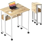 Sidney Kitaplık Raflı Katlanır Masa 70 cm Tekerli Bilgisayar Masası Laptop Masası, Beyaz - &Ccedil;am