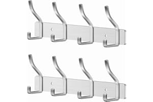 MEIJO Coat Hooks Wall Mounted Stainless Steel, Silver Coat Rack Wall Mounted with 4 Hooks Heavy Duty Coat Hooks for Door, Bathroom, Bedroom, Kitchen (Silver, 4 Hooks, 2 Pcak)