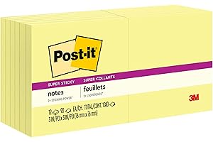 Post-it Super Sticky Notes Canary Yellow, Pack of 12 Pads, 90 Sheets per Pad, 76 mm x 76 mm, Yellow Color - Extra Sticky Notes For Note Taking, To Do Lists & Reminders