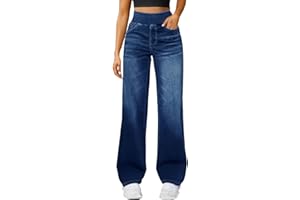 Generico Jeans Donna Vita Alta a Gamba Larga, Pantaloni in Denim Elasticizzato Comodi con Cintura Elastica e Tasche,Stile Casual per Ogni Occasione