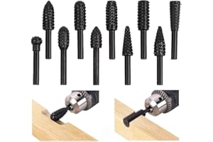 TXHF THF 10pcs Rotary Burr Set, 1/4inch Shank Abrasive Tungsten Carbide Rasp Drill Bits Woodworking Kit for Dremel, Foredom, DeWalt, Milwaukee
