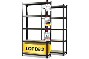 KARAT Lot de 2 étagères pour Charges Lourdes. 40 x 90 x 180 cm. enfichables. pour Cave. entrepôt. 5 tablettes réglables. Noires