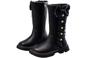 SAXREL Girls Mid Calf Boots Kids Walking Thick Rubber Sole Side Zipper Cute Bow Tie Decor Faux Leather School Shoes Waterproof Combat Shoes 4-11 Years