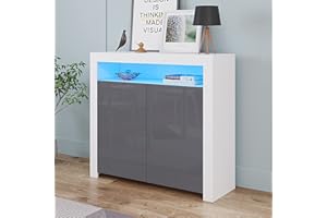 Panana High Gloss Front 2 Doors Storage Sideboard Living Room Cupboard with LED Light in White Matt Body (White/Grey)