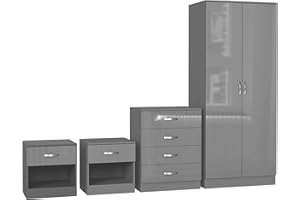 Nera High Gloss Bedroom Furniture Set 4 Piece Set with Wardrobe Chest of Drawer Bedside Table Bedroom Storage (Gloss Grey(Matt Grey))