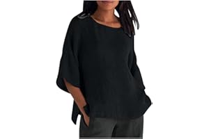 Susenstone Chemisier en Coton et Lin à Manches 3/4 pour Femme Blouses Ample à Col Rond Tunique D'été Printemps Couleur Unie Top Hauts Lâche Respirant T-Shirts Grande Taille Pas Cher Tunique Blouse