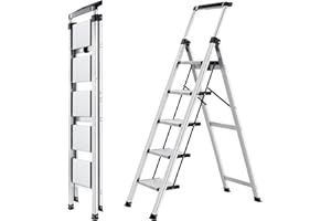 XinSunho Escabeau 5 Marches en Aluminium, Échelles Pliable avec Main Courante Extractible, Petit Escabeau Antidérapant Échelle Multifonctions pour la Maison et Le Bureau, Capacité 150 KG