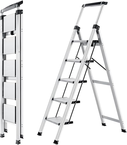 DRABEST 3-teilige Aluminium-Basisleiter für Zuhause - 3 x 7 Stufen - Leichte Aluminium-Leiter - Klappbare Leiter für Zuhause - Belastbarkeit 150 kg - 46 x 190 x 13 cm