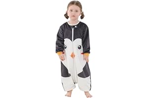 OUTFIT SPRING Wiosenny śpiworek dziecięcy do spania z motywem kreskówkowym, nogawki i długie rękawy, zamek błyskawiczny, urocza piżama, dla dziewcząt i chłopców w wieku 1-6 lat, na 4 pory roku, pingwin, 5-6 lat