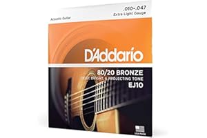 Cuerdas D'Addario para guitarra acústica, 80/20 Bronce, EJ10, calibre extra ligero 10-47, juego de 6 cuerdas, paquete de 1