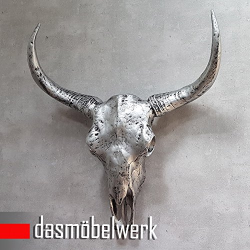 dasmöbelwerk XXL Deko Schädel 65 cm Antik Silber Stierkopf Skulptur Stier Bullenschädel Wandskulptur Hörner Bulle Stierschädel