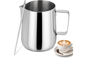 KITDAHOM Jarra de espuma de leche de mano de 350 ml de acero inoxidable con escala, dispensador de nata de acero inoxidable, incluye aguja para latte-art, adecuada para baristas para preparar