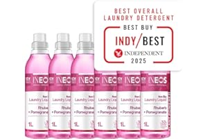 INEOS HYGIENICS INEOS Next-Gen Non Bio Laundry Washing Liquid Detergent, 198 Washes (6 x 1L), High Performance Stain Remover For Clothes, Plant Powered, For Sensitive Skin, Rhubarb + Pomegranate, Packaging May Vary