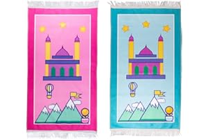 SKATTOOTH Kids Prayer Rug, Prayer Mat Padded, Cartoon Praying Rug for Children Gift, Ramadan Gifts (Red and Blue)