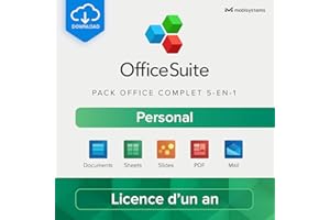 MOBISYSTEMS INC. OfficeSuite Personal | Pack office 5-en-1 | Documents, Sheets, Slides, PDF, Mail et Calendrier | Licence d'un an | 1 ordinateur Windows et 2 appareils mobiles [Code en ligne]