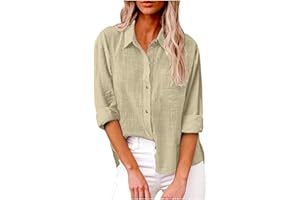 HAOLEI Chemise Femme Coton Et Lin Chemisier Col en V Bouton Manches Longues Tops Couleur Unie LâChe Respirant T-Shirts Grande Taille Pas Cher Casual Coton Lin Tunique Blouse