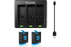 AuyKoo Cargador de Batería de 3 Canales+2 Baterías (1750mAh) para GoPro Hero 10/9 Black, Baterías Recargables Caja de Carga de Set con Kit de Accesorios de Cable USB Tipo C para GoPro Hero 10/9 Black