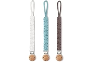 Luvadeyo® Schnullerkette Baumwolle Schnullerband, Holzclip, handgewebtes, moderner Kastrationsstil Babygebrauch (3 Sets grau/blau/braun)