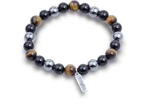 RAFFICI Triple Protection Bracelet Black Obsidian & Hematite Blue Green Tiger Eye Bracelet Handmade Natural Stone Chakra Reiki for Men Women Luck Prosperity & Happiness 8mm Beads Adjustable