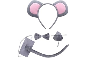 SKHAOVS Juego de disfraz de ratón de 4 piezas, juego de disfraz de animal, incluye diadema de orejas de ratón, pajarita gris y cola de fieltro, disfraz de rata para niños y adultos