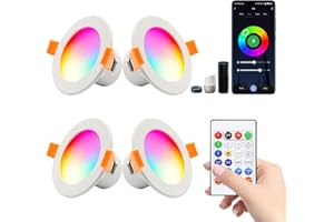 LAM(MS)PEN 4 x Foco empotrable LED WIFI, regulable 9W RGBWW Foco empotrable LED WiFi para techo con mando a distancia, downlight LED empotrable redondo 230V para salón, compatible con APP, Alexa, Google home