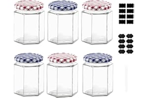 ZhouZGlass Hexagonal Glass Jam Jars Set of 6, 280ml / 9oz Airtight Storage Glass Jars with Screw Top Red and Blue Gingham Lids, Preserving Glass Jars as Pickle Jar, Jams, Honey, Candle Making