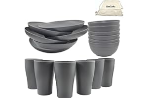 NOWCOOKS Camping Set 6 People, Plates, Mugs and Bowls Set of 6- UK/EU Tested, BPA Free, Re-Useable Perfect for Parties, picnics, Camping and Caravans, Safe for Kids & Adults (Dark Grey, 30)