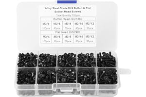 ELPRICO Śruby, 720 szt. M3x4/6/8/10/12 czarne śruby z łbem sześciokątnym ze stali stopowej z plastikowym pudełkiem do domu, urządzenia biurowego i mebli