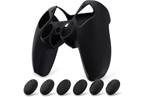 PlayVital Funda de Silicona Acoplable para ps5 Mando - Cubierta Protectora Antideslizante y Suave con 6 Tapas para Pulgar, Grip Mejorado, Compatible con Estación de Carga (Pure Series-Negro)