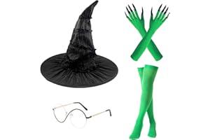 TYXHXTF Costume da Strega, Accessori per Costume da Strega, Cappello e Occhiali da Elphaba e Guanti Verdi con Artigli, Calze Alte, per Halloween Carnevale Cosplay