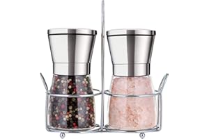 Bugucat Set di Macina Sale e Pepe,Premium Saliera e Pepiera in Acciaio Inossidabile con Corpo in Vetro e Grana Regolabile,Frantoio Manuale con Supporto Abbinato Saliera e Pepiera per Cucina e Chef