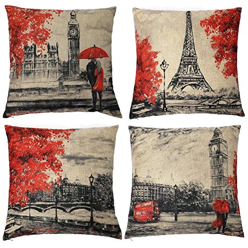 Freeas Throw Pillow Covers 18 x 18 Inches Black & Red Color Eiffel Tower & Big Ben Pillow Case Decor