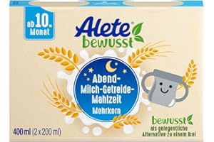 ‎ALETE Alete bewusst Abend-Milch-Getreide-Mahlzeit Mehrkorn, ab dem 10. Monat, trinkfertige Babynahrung mit Vollkornhafer, Ersatz zu Babybrei, warm oder kalt trinken, 400 ml (2 x 200 ml)